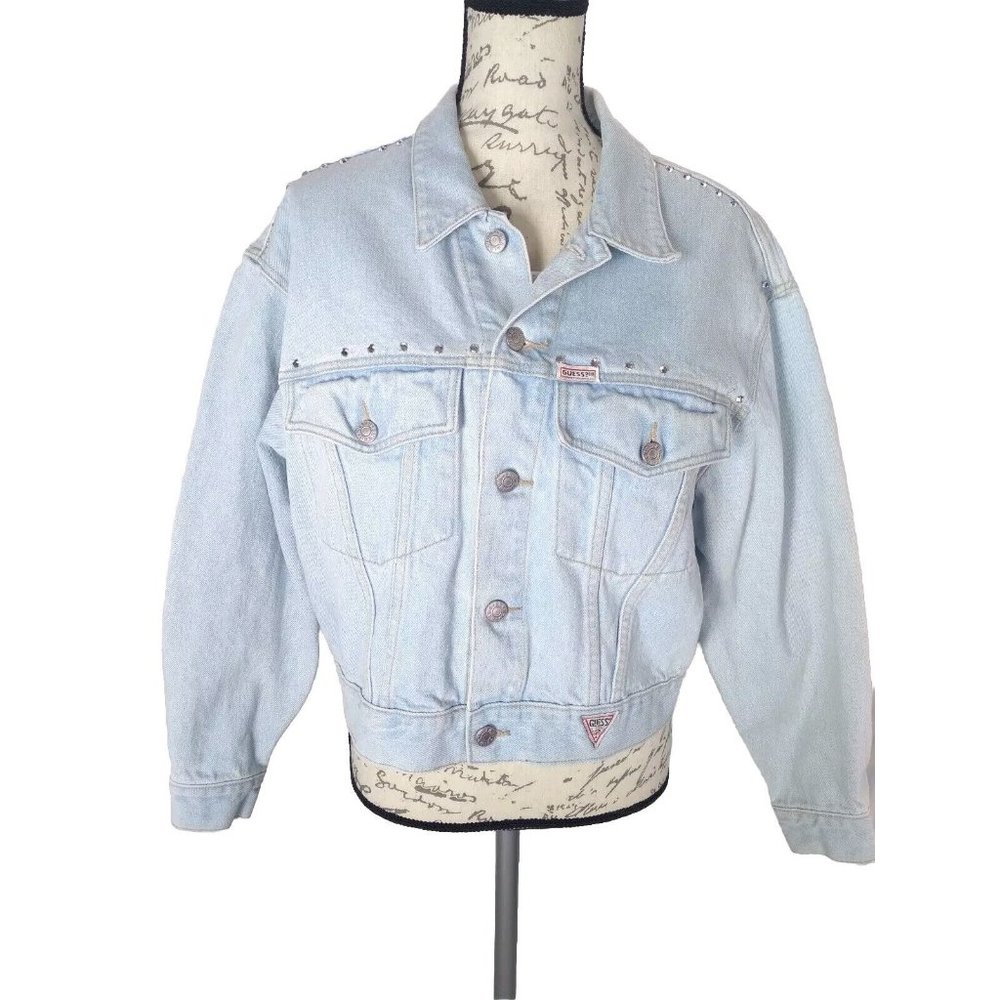 Vtg. Guess Denim Distressed Washed Bling Studded Cropped Jean Jacket Small READ